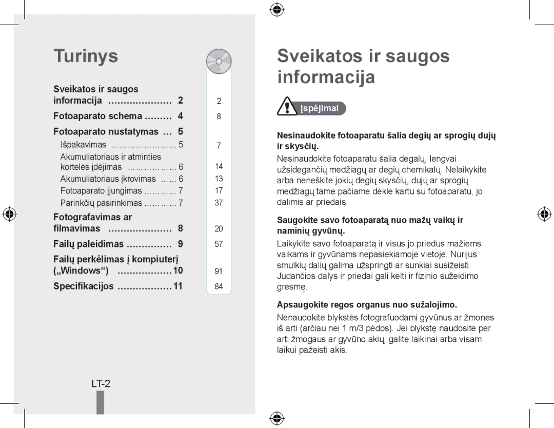 Samsung EC-PL50ZPBP/E1 Turinys, Sveikatos ir saugos informacija, Failų perkėlimas į kompiuterį „Windows… ………………, Įspėjimai 