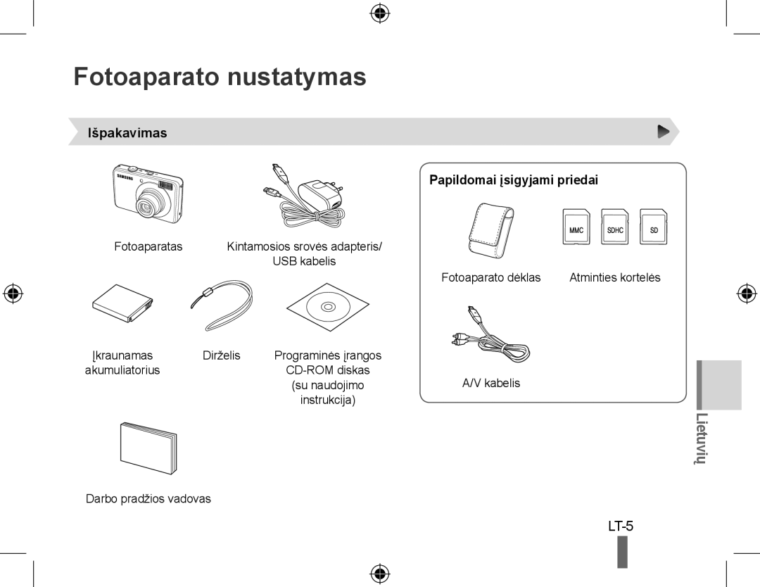 Samsung EC-PL50ZABP/E1, EC-PL50ZPBP/FR, EC-PL50ZABP/FR Fotoaparato nustatymas, Išpakavimas, Papildomai įsigyjami priedai 