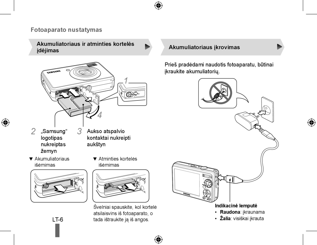 Samsung EC-PL50ZSBP/E1 manual Akumuliatoriaus ir atminties kortelės, Įdėjimas, Aukso atspalvio kontaktai nukreipti aukštyn 