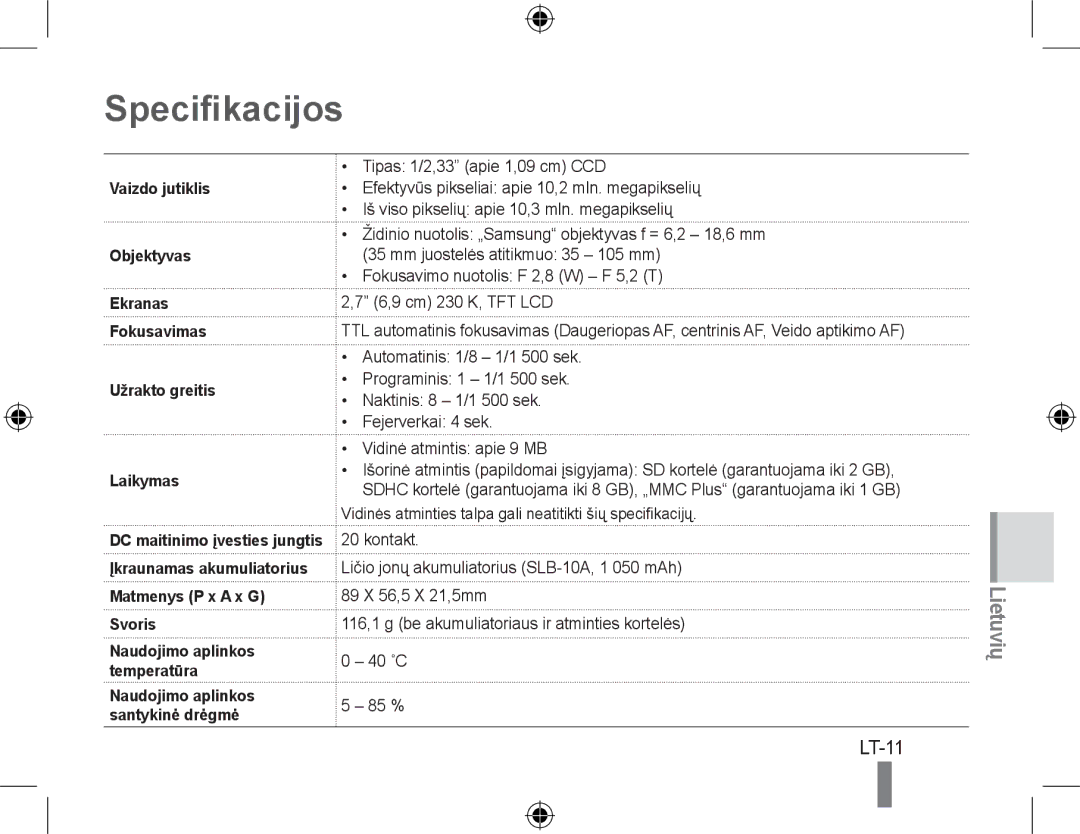 Samsung EC-PL50ZSDP/ME, EC-PL50ZPBP/FR, EC-PL50ZABP/FR, EC-PL50ZSBP/FR, EC-PL50ZAAP Specifikacijos, Matmenys P x a x G Svoris 