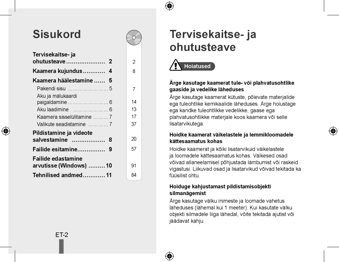 Samsung EC-PL50ZSBP/SA, EC-PL50ZPBP/FR manual Sisukord, Tervisekaitse- ja ohutusteave, Tehnilised andmed…………, Hoiatused 