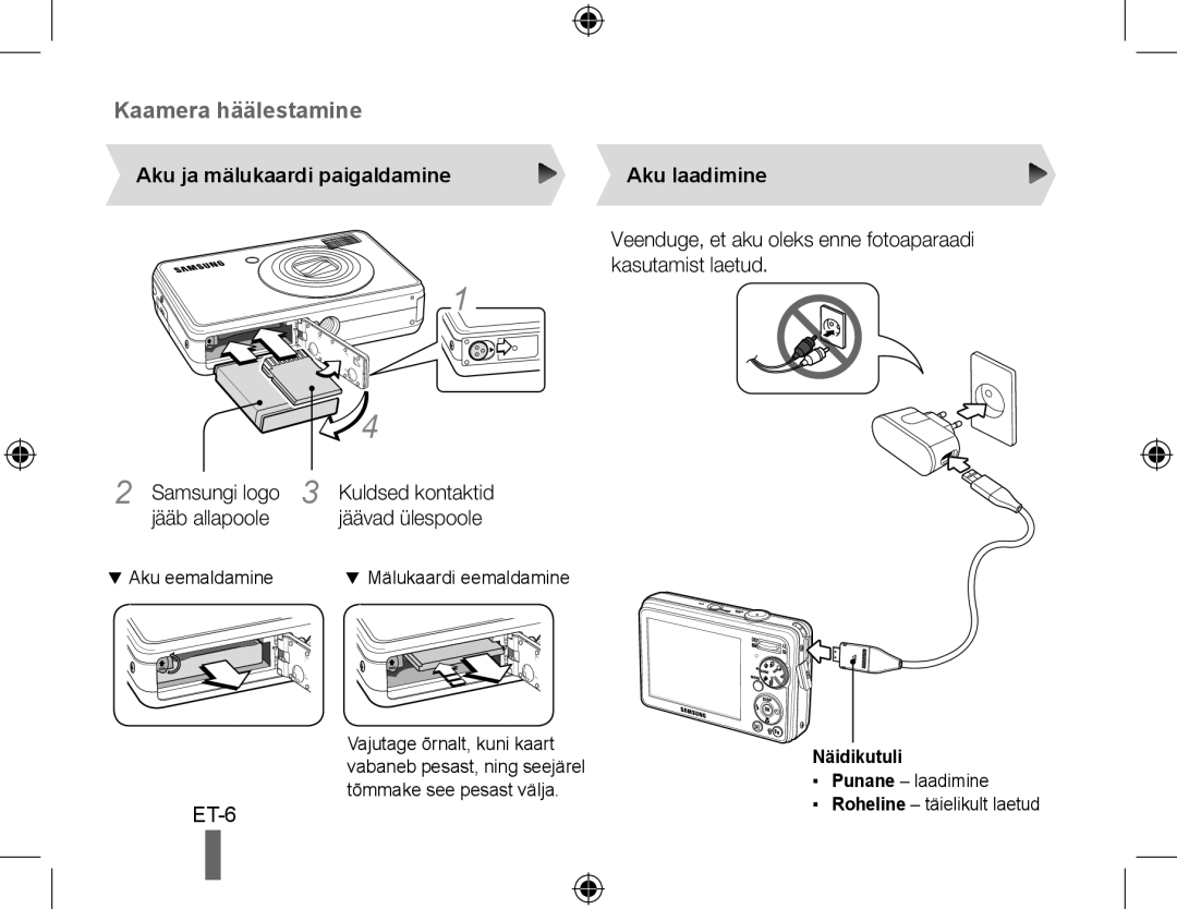 Samsung EC-PL50ZSBP/ME, EC-PL50ZPBP/FR manual Aku ja mälukaardi paigaldamine, Jääb allapoole, Aku laadimine, Näidikutuli 