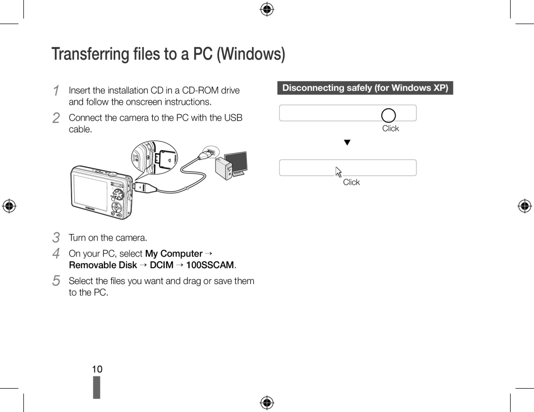 Samsung EC-PL50ZPBP/IT, EC-PL50ZPBP/FR Transferring files to a PC Windows, Connect the camera to the PC with the USB cable 