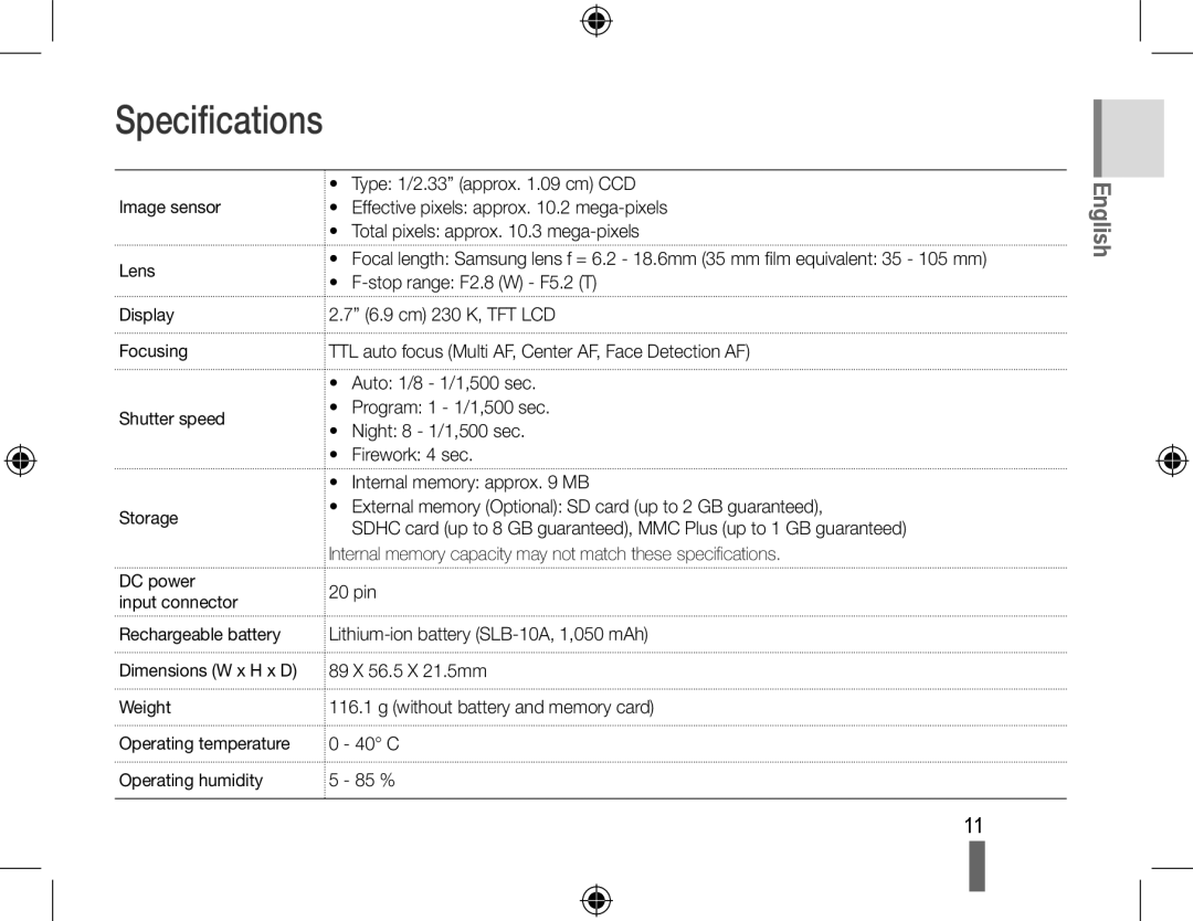 Samsung EC-PL50ZPBP/E1, EC-PL50ZPBP/FR, EC-PL50ZABP/FR, EC-PL50ZSBP/FR, EC-PL50ZBBP/FR, EC-PL50ZSBP/GB manual Specifications 