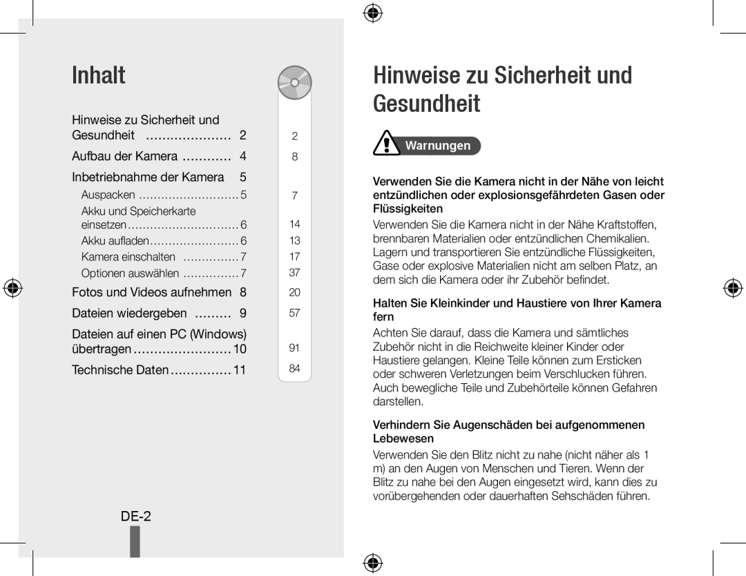 Samsung EC-PL50ZBBP/E1, EC-PL50ZAAP Inhalt, Hinweise zu Sicherheit und Gesundheit, De-, Technische Daten………………, Warnungen 