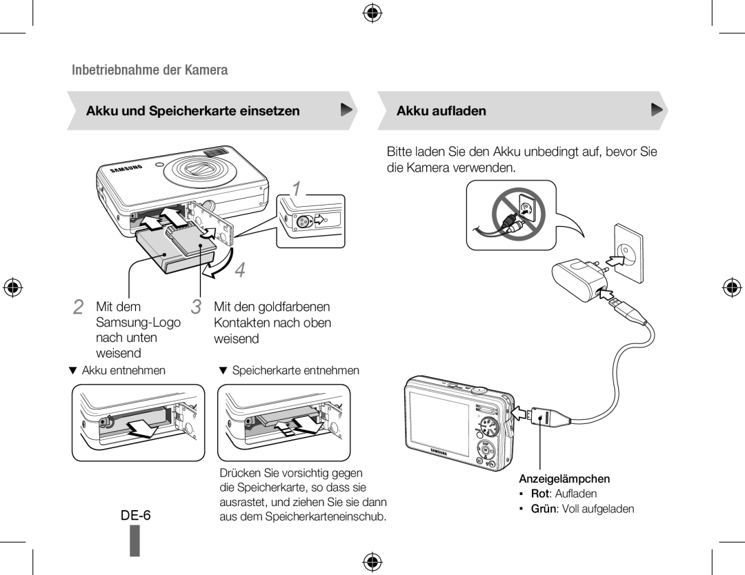 Samsung EC-PL50ZABP/SA, EC-PL50ZPBP/FR Akku und Speicherkarte einsetzen Akku aufladen, Samsung-Logo, Nach unten Weisend 