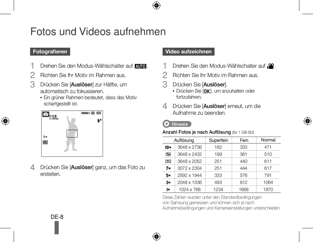 Samsung EC-PL50ZPDP/ME, EC-PL50ZPBP/FR, EC-PL50ZABP/FR, EC-PL50ZSBP/FR, EC-PL50ZBBP/FR manual Fotografieren, Video aufzeichnen 