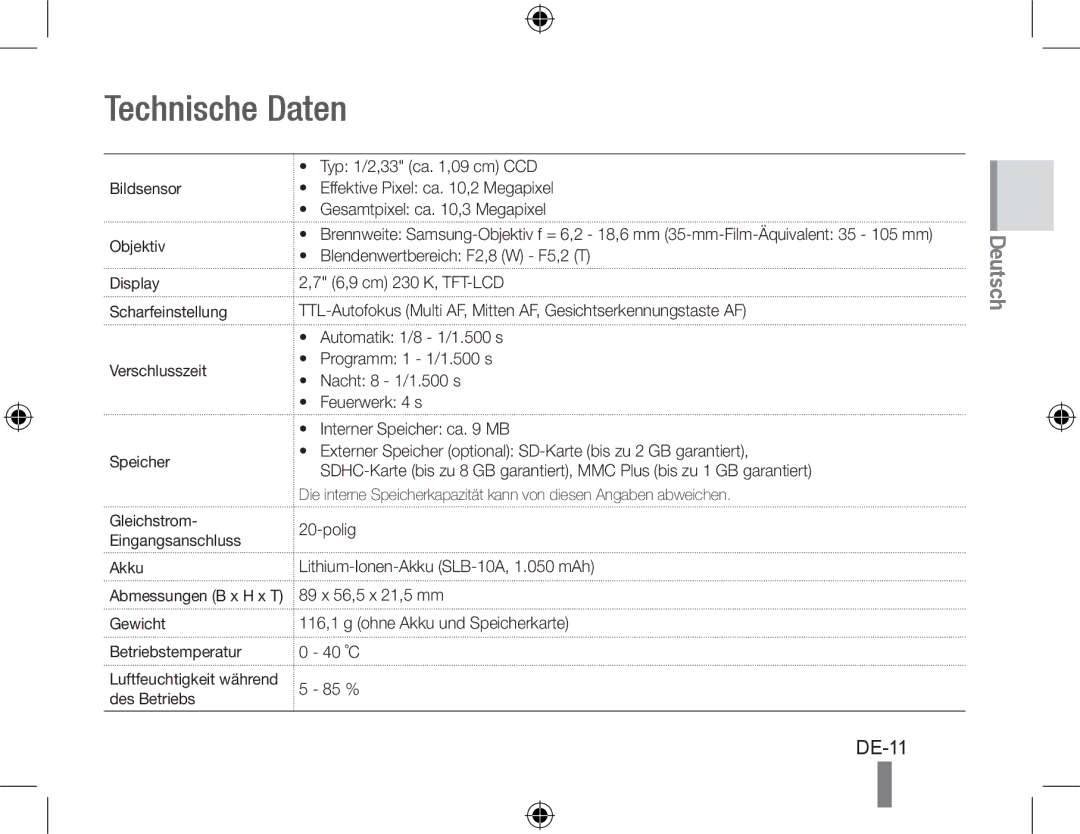 Samsung EC-PL50ZSBP/SA, EC-PL50ZPBP/FR, EC-PL50ZABP/FR, EC-PL50ZSBP/FR, EC-PL50ZBBP/FR, EC-PL50ZSBP/GB Technische Daten, DE-11 