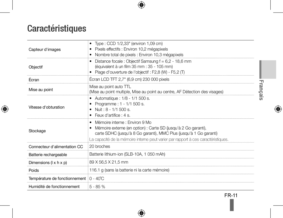 Samsung EC-PL50ZSBP/VN, EC-PL50ZPBP/FR, EC-PL50ZABP/FR, EC-PL50ZSBP/FR, EC-PL50ZBBP/FR, EC-PL50ZSBP/GB Caractéristiques, FR-11 