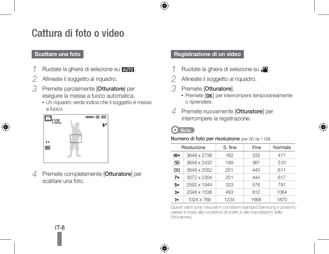 Samsung EC-PL50ZBBP/E3, EC-PL50ZPBP/FR Cattura di foto o video, Scattare una foto, Eseguire la messa a fuoco automatica 