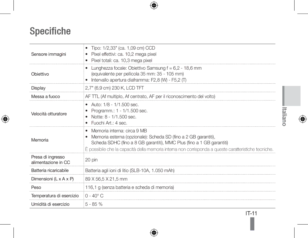 Samsung EC-PL50ZABP/E2, EC-PL50ZPBP/FR, EC-PL50ZABP/FR, EC-PL50ZSBP/FR, EC-PL50ZBBP/FR, EC-PL50ZSBP/GB manual Specifiche, IT-11 