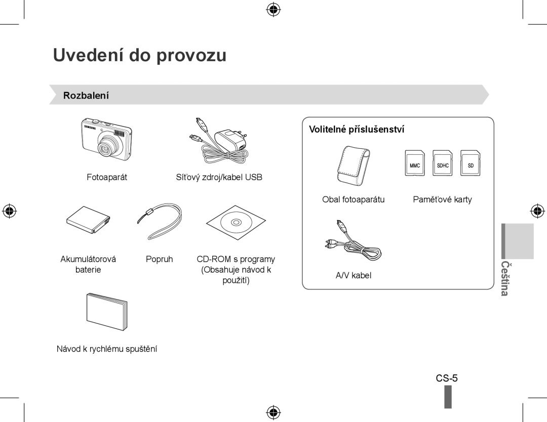 Samsung EC-PL50ZSBP/GB, EC-PL50ZPBP/FR, EC-PL50ZABP/FR, EC-PL50ZSBP/FR Uvedení do provozu, Rozbalení Volitelné příslušenství 