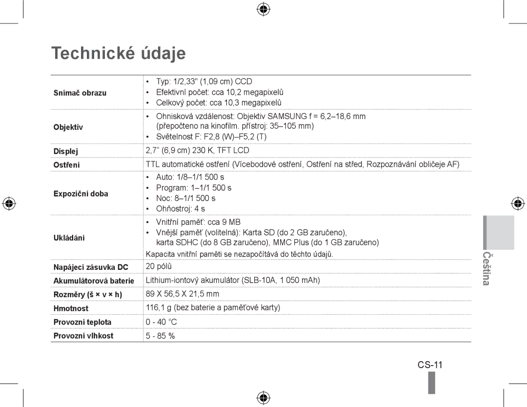 Samsung EC-PL50ZPBP/IT, EC-PL50ZPBP/FR, EC-PL50ZABP/FR, EC-PL50ZSBP/FR, EC-PL50ZBBP/FR, EC-PL50ZSBP/GB Technické údaje, CS-11 