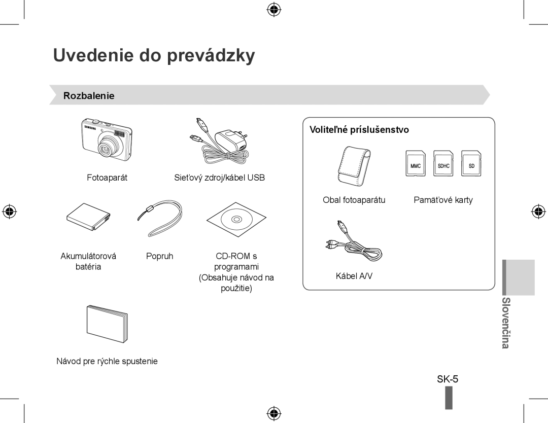 Samsung EC-PL50ZABP/E1, EC-PL50ZPBP/FR, EC-PL50ZABP/FR manual Uvedenie do prevádzky, Rozbalenie, Voliteľné príslušenstvo 