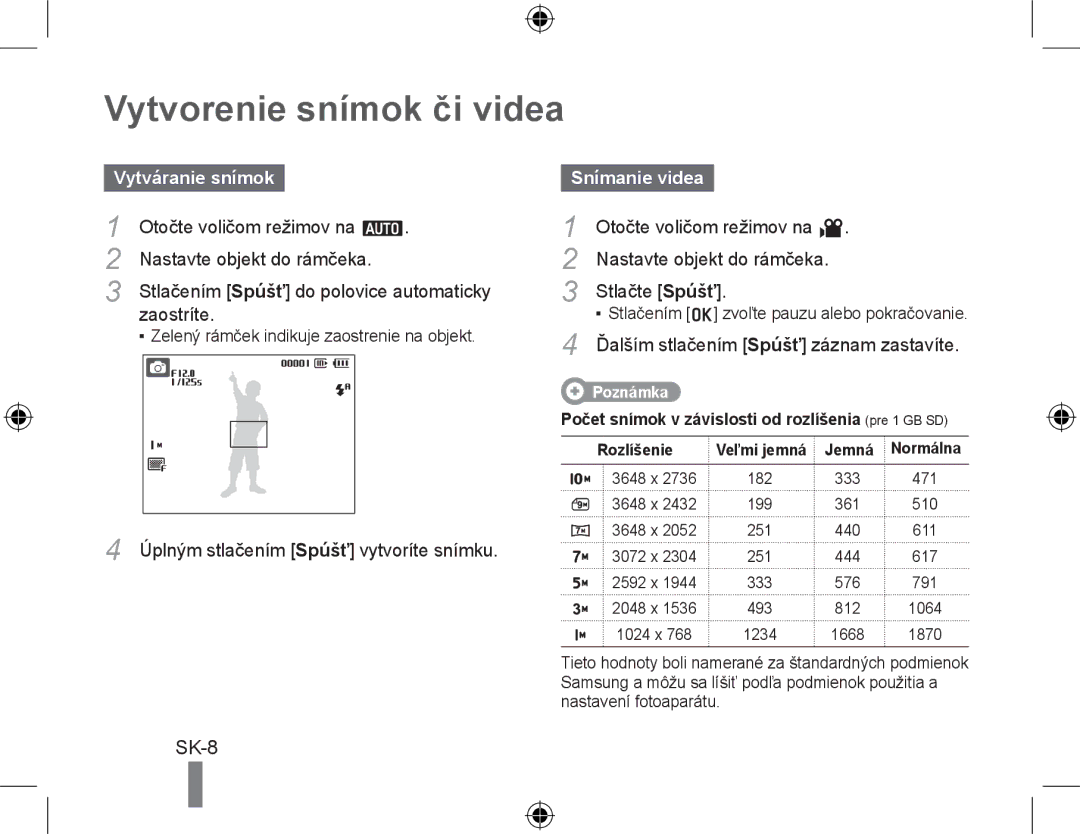 Samsung EC-PL50ZPBP/ME, EC-PL50ZPBP/FR, EC-PL50ZABP/FR manual Vytvorenie snímok či videa, Vytváranie snímok, Snímanie videa 