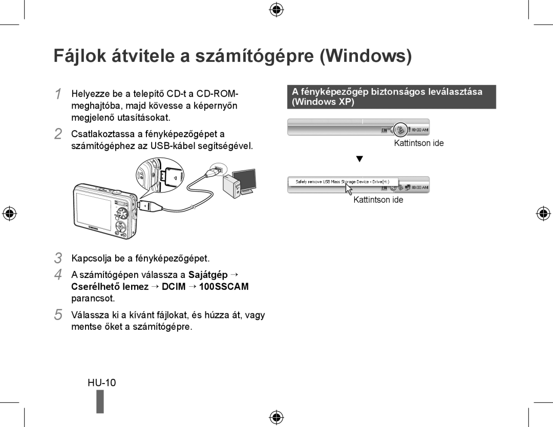 Samsung EC-PL50ZUDP/ME Fájlok átvitele a számítógépre Windows, HU-10, Fényképezőgép biztonságos leválasztása Windows XP 