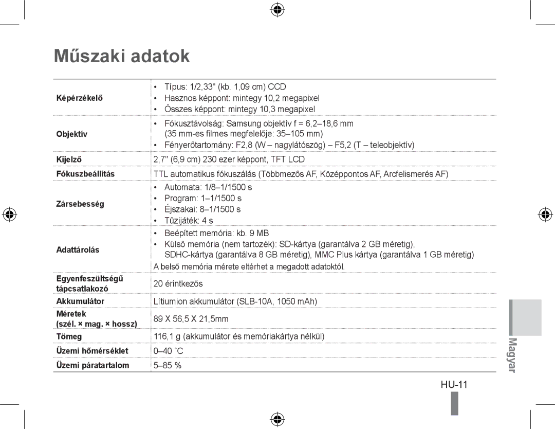 Samsung EC-PL50ZABP/VN, EC-PL50ZPBP/FR, EC-PL50ZABP/FR, EC-PL50ZSBP/FR, EC-PL50ZBBP/FR, EC-PL50ZSBP/GB Műszaki adatok, HU-11 