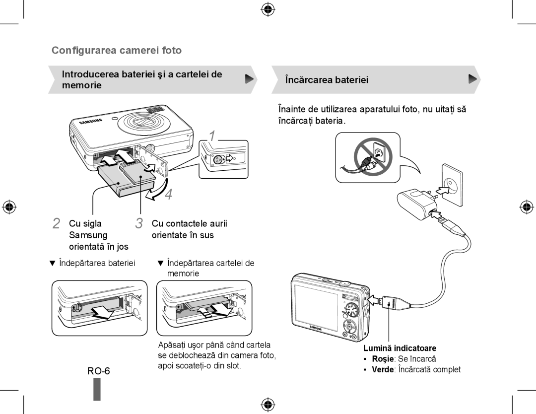 Samsung EC-PL50ZSBP/E3 manual Introducerea bateriei şi a cartelei de, Memorie, Samsung Orientate în sus Orientată în jos 