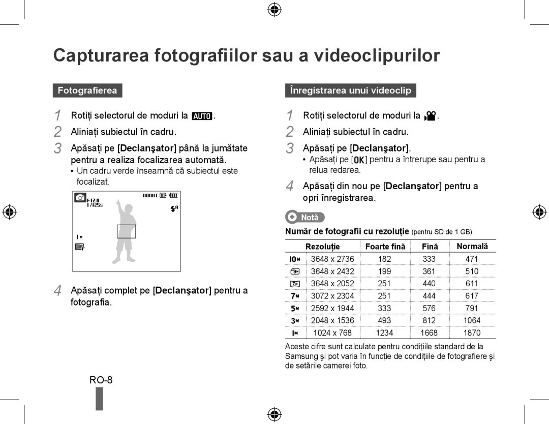 Samsung EC-PL50ZABP/E3 manual Capturarea fotografiilor sau a videoclipurilor, Fotografierea, Înregistrarea unui videoclip 