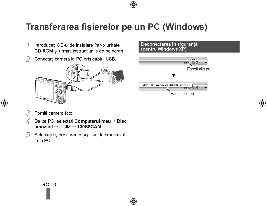 Samsung EC-PL50ZSBP/RU manual Transferarea fişierelor pe un PC Windows, RO-10, Deconectarea în siguranţă, Pentru Windows XP 