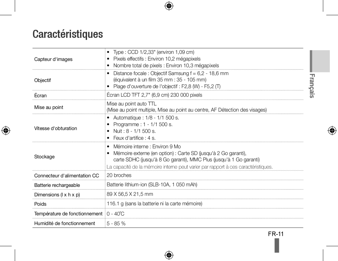 Samsung EC-PL50ZSBP/SA, EC-PL50ZPBP/FR, EC-PL50ZABP/FR, EC-PL50ZSBP/FR, EC-PL50ZBBP/FR, EC-PL50ZSBP/GB Caractéristiques, FR-11 