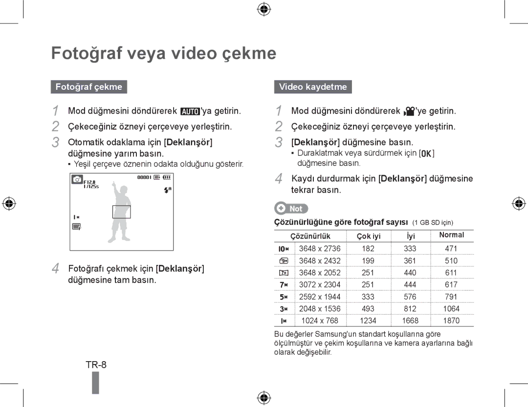 Samsung EC-PL50ZPBP/SA, EC-PL50ZPBP/FR, EC-PL50ZABP/FR manual Fotoğraf veya video çekme, Fotoğraf çekme, Video kaydetme 