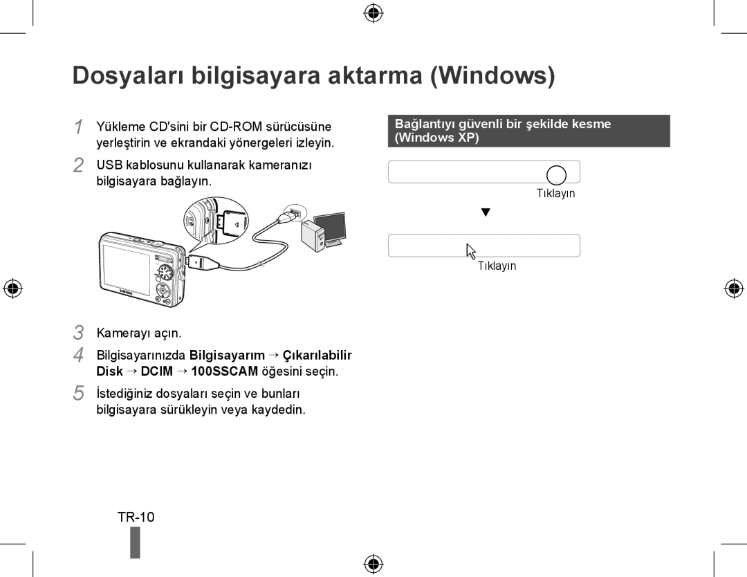 Samsung EC-PL50ZABP/VN manual Dosyaları bilgisayara aktarma Windows, TR-10, Bağlantıyı güvenli bir şekilde kesme Windows XP 