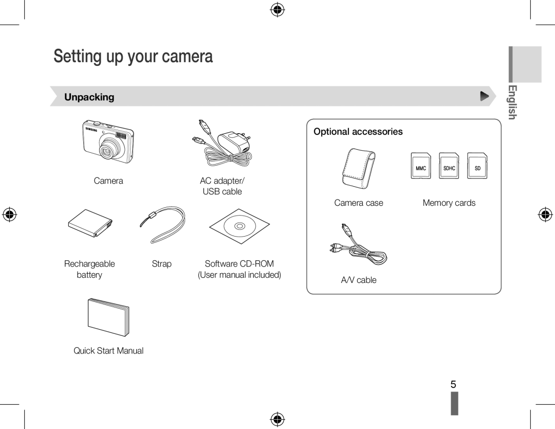 Samsung EC-PL50ZBBP/IT, EC-PL50ZPBP/FR, EC-PL50ZABP/FR, EC-PL50ZAAP Setting up your camera, Unpacking, Optional accessories 