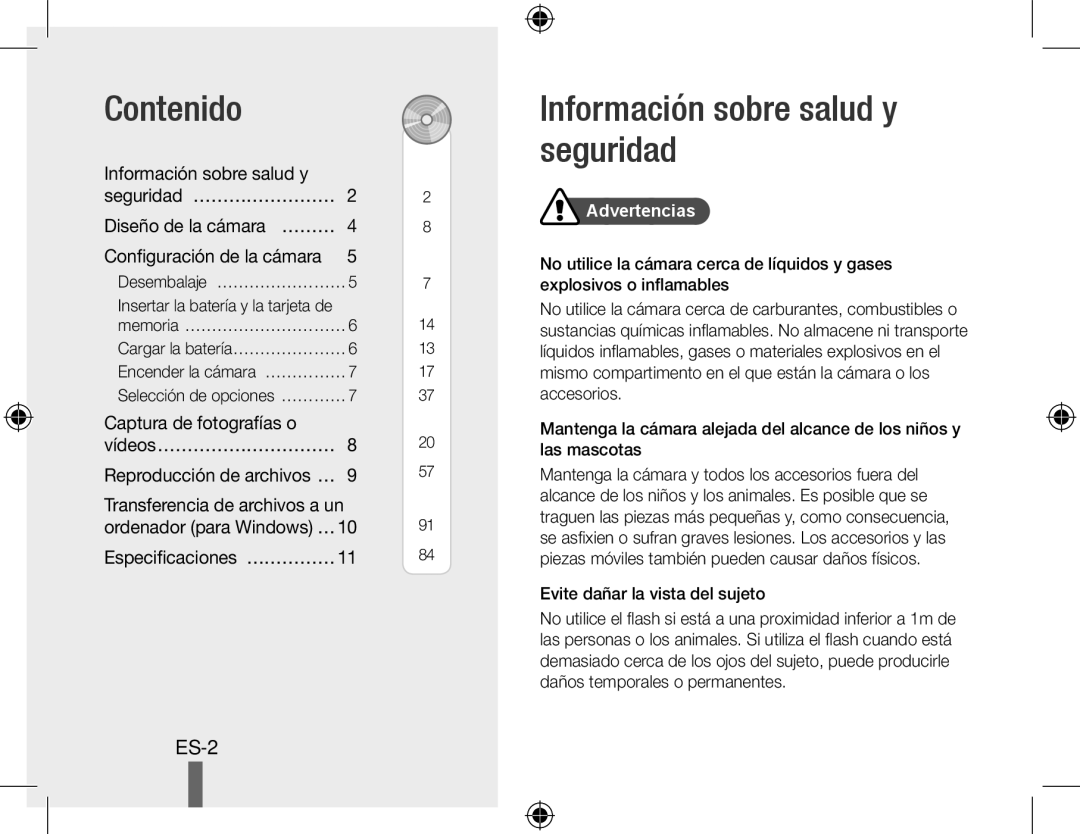 Samsung EC-PL50ZBBP/E1, EC-PL50ZPBP/FR, EC-PL50ZAAP Contenido, Información sobre salud y seguridad, Especificaciones… …………… 