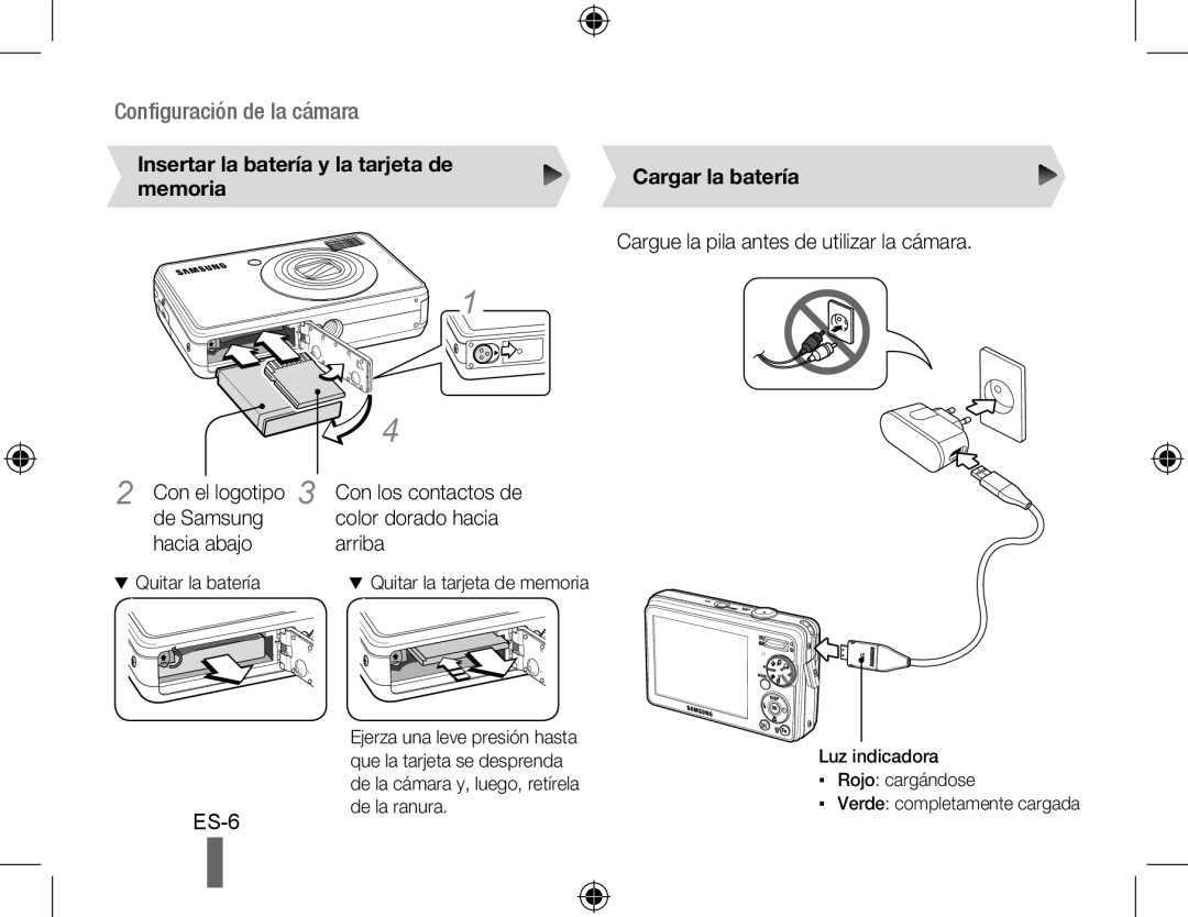 Samsung EC-PL50ZABP/SA manual Cargue la pila antes de utilizar la cámara, Con los contactos de color dorado hacia arriba 