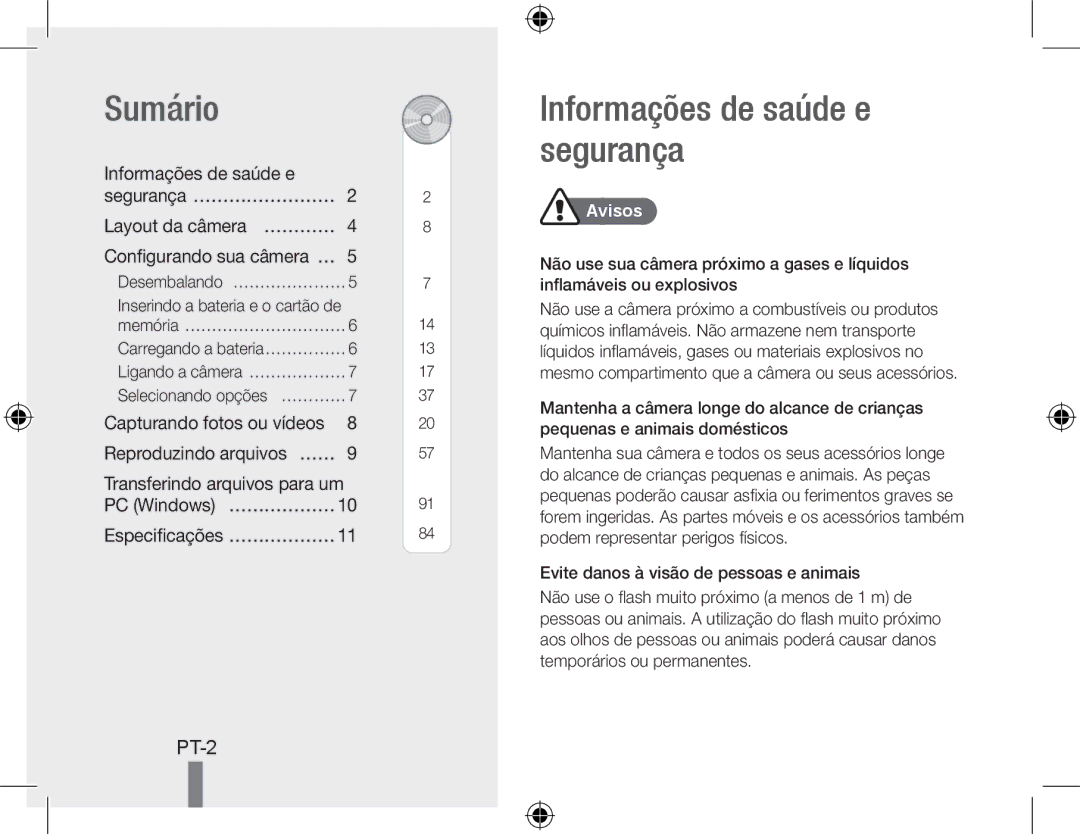 Samsung EC-PL50ZSBP/FR manual Sumário, Informações de saúde e segurança, Layout da câmera… ………… Configurando sua câmera… … 