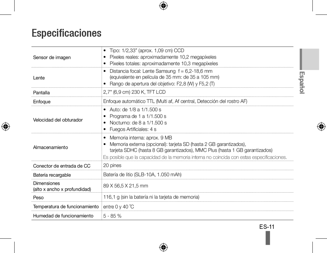 Samsung EC-PL50ZSBP/SA, EC-PL50ZPBP/FR, EC-PL50ZABP/FR, EC-PL50ZSBP/FR, EC-PL50ZBBP/FR, EC-PL50ZSBP/GB manual Especificaciones 