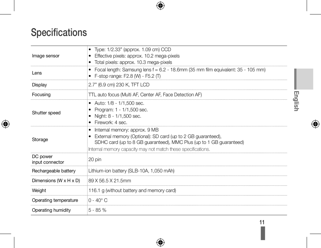 Samsung EC-PL50ZSBP/VN, EC-PL50ZPBP/FR, EC-PL50ZABP/FR, EC-PL50ZSBP/FR, EC-PL50ZBBP/FR, EC-PL50ZSBP/GB manual Specifications 