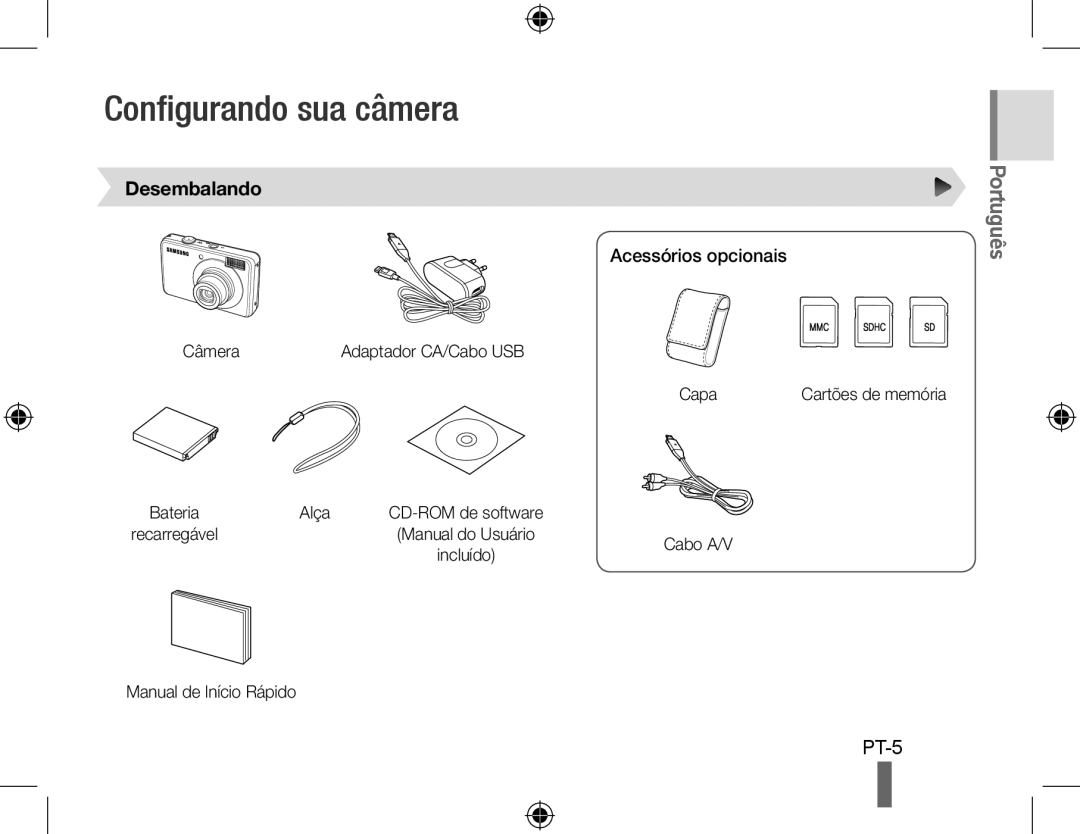 Samsung EC-PL50ZBBP/IT, EC-PL50ZPBP/FR, EC-PL50ZABP/FR manual Configurando sua câmera, Desembalando, Acessórios opcionais 