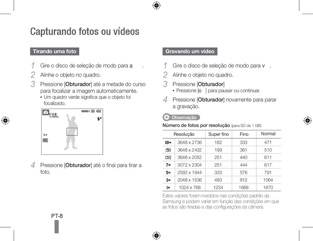 Samsung EC-PL50ZSBA/IT, EC-PL50ZPBP/FR, EC-PL50ZABP/FR manual Capturando fotos ou vídeos, Tirando uma foto, Gravando um vídeo 