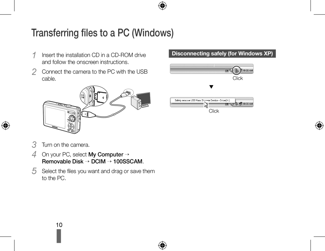 Samsung EC-PL50ZPBP/IT, EC-PL50ZPBP/FR Transferring files to a PC Windows, Connect the camera to the PC with the USB cable 