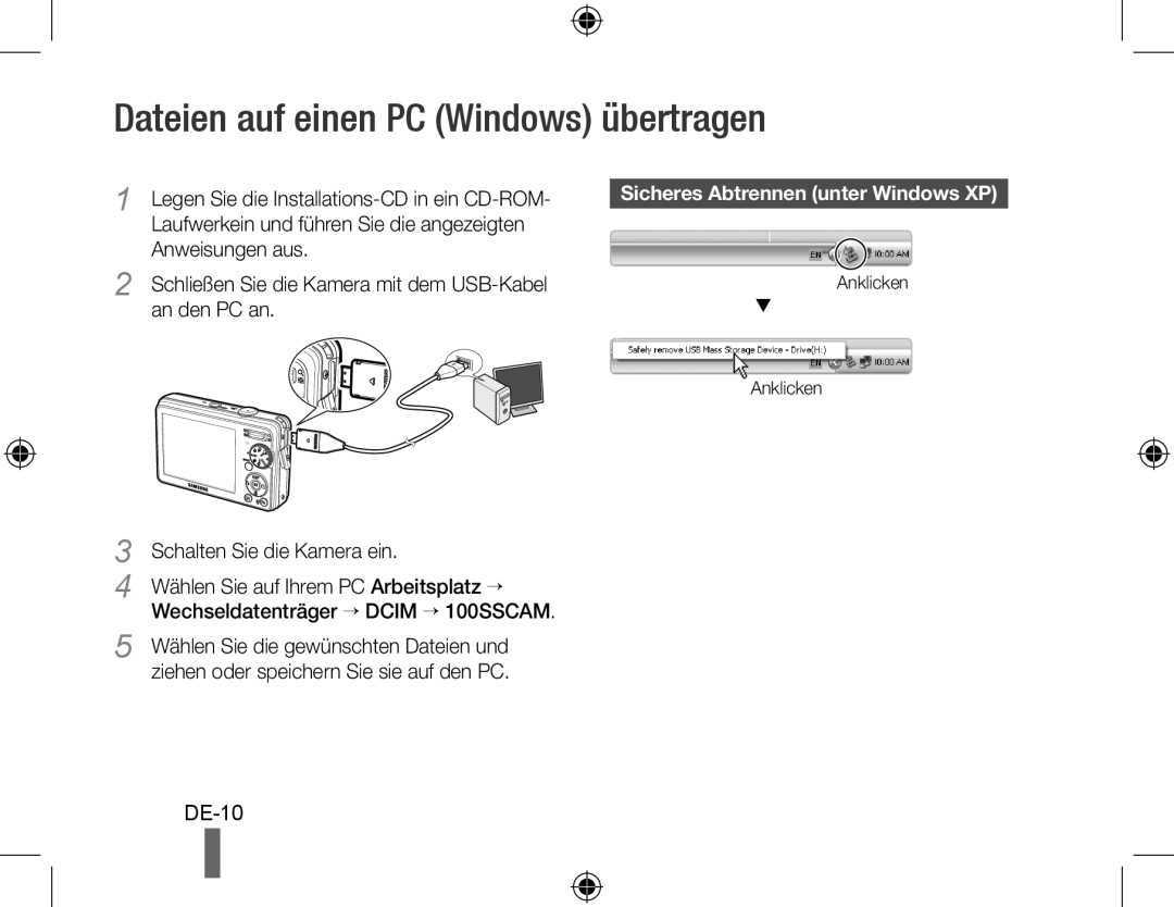 Samsung EC-PL50ZSDP/ME, EC-PL50ZPBP/FR manual Dateien auf einen PC Windows übertragen, DE-10, Schalten Sie die Kamera ein 