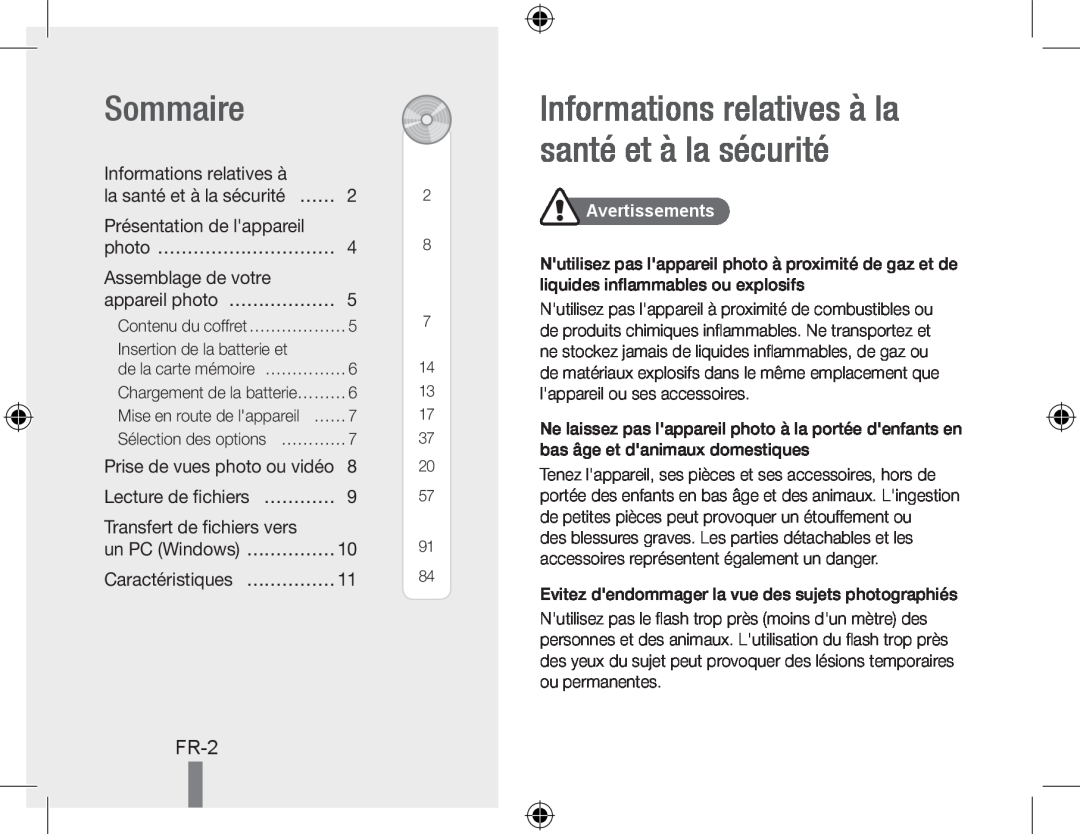 Samsung EC-PL50ZABP/ME manual Sommaire, Informations relatives à la santé et à la sécurité, Fr-, Caractéristiques… …………… 