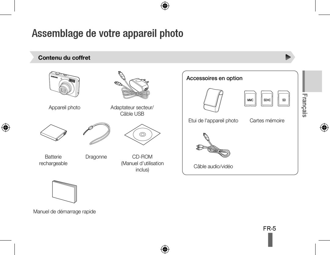 Samsung EC-PL50ZSBP/ME manual Assemblage de votre appareil photo, Contenu du coffret, Accessoires en option, Français, Fr- 