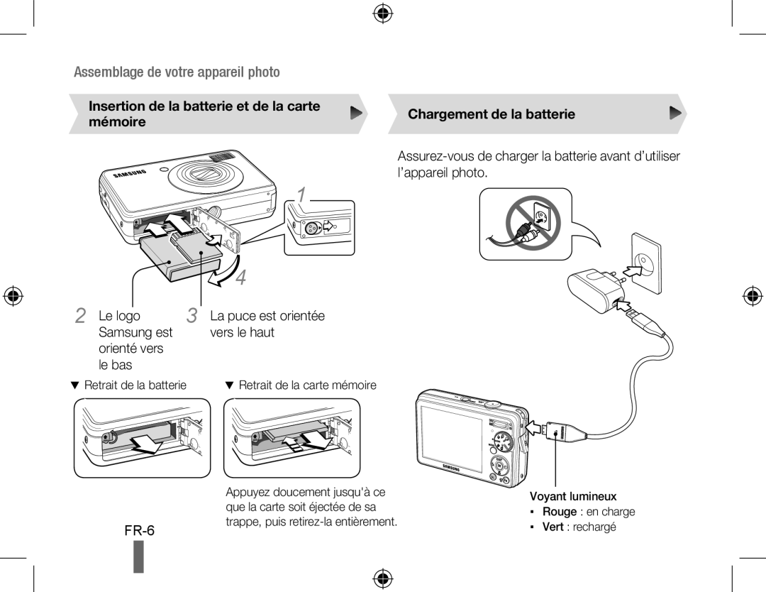 Samsung EC-PL50ZBBP/SA manual Assemblage de votre appareil photo, Insertion de la batterie et de la carte, mémoire, Fr- 