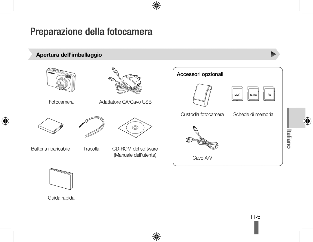 Samsung EC-PL50ZSBP/E3 manual Preparazione della fotocamera, Apertura dellimballaggio, Accessori opzionali, Italiano, It- 