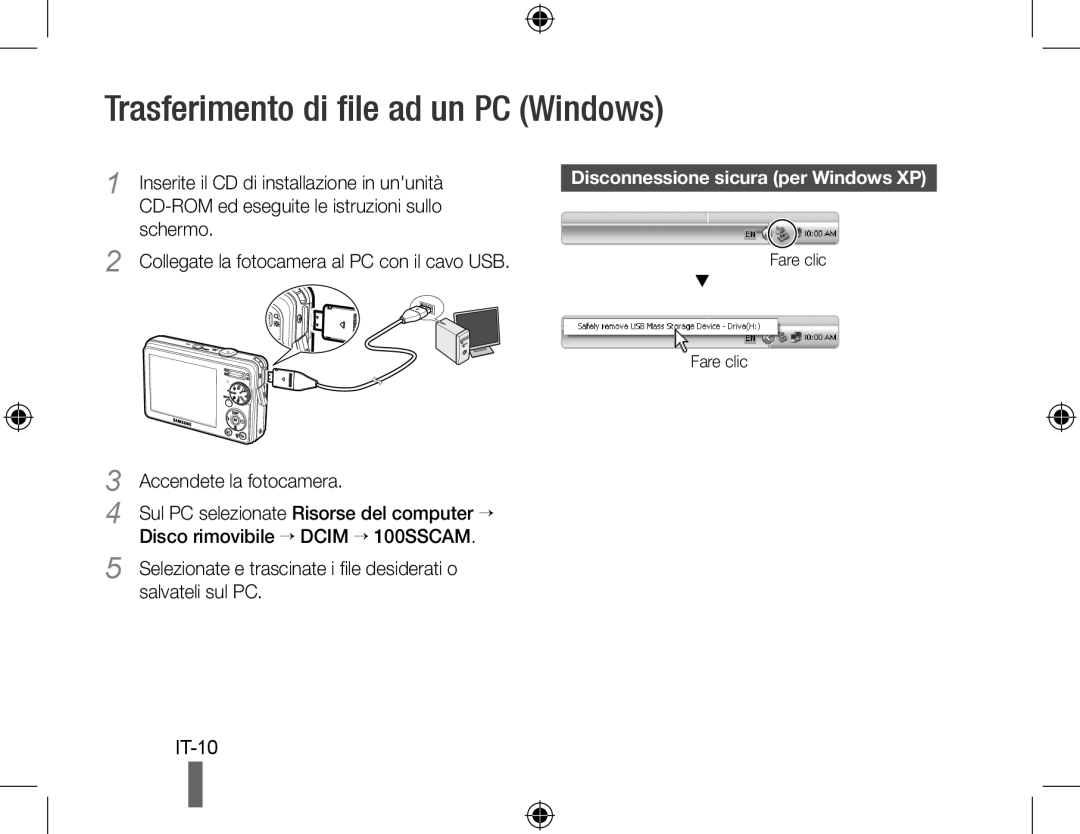Samsung EC-PL50ZAAP manual Trasferimento di file ad un PC Windows, IT-10, Collegate la fotocamera al PC con il cavo USB 