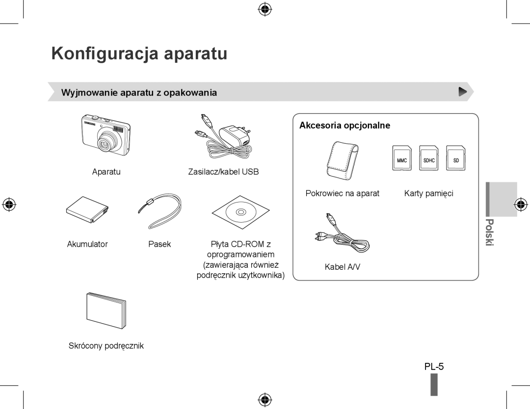 Samsung EC-PL50ZBBP/RU manual Konfiguracja aparatu, Polski, Wyjmowanie aparatu z opakowania Akcesoria opcjonalne, Pl- 