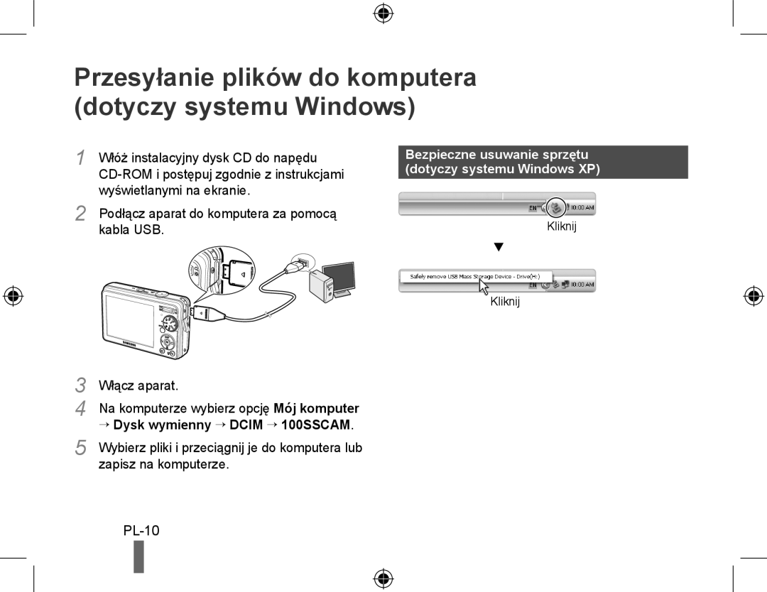 Samsung EC-PL50ZABA/E3 Przesyłanie plików do komputera dotyczy systemu Windows, PL-10, wyświetlanymi na ekranie, kabla USB 