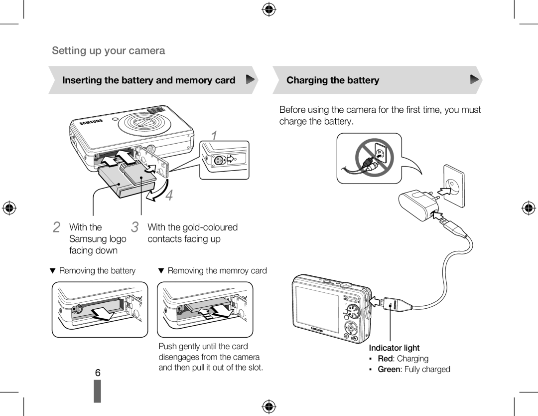 Samsung EC-PL50ZABA/IT manual Setting up your camera, Inserting the battery and memory card, Charging the battery, With the 