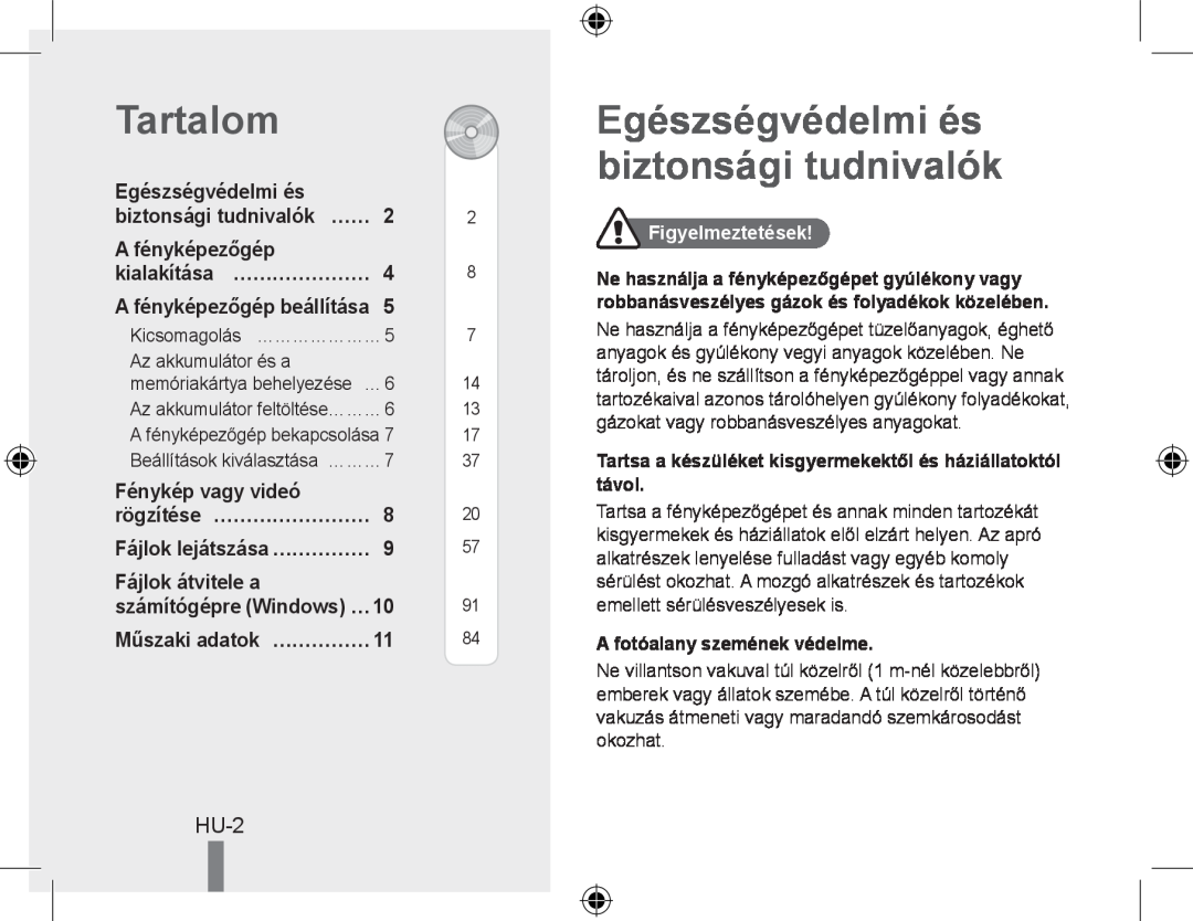 Samsung EC-PL50ZSBP/SA, EC-PL50ZPBP/FR Tartalom, Egészségvédelmi és biztonsági tudnivalók, Hu-, biztonsági tudnivalók… …… 