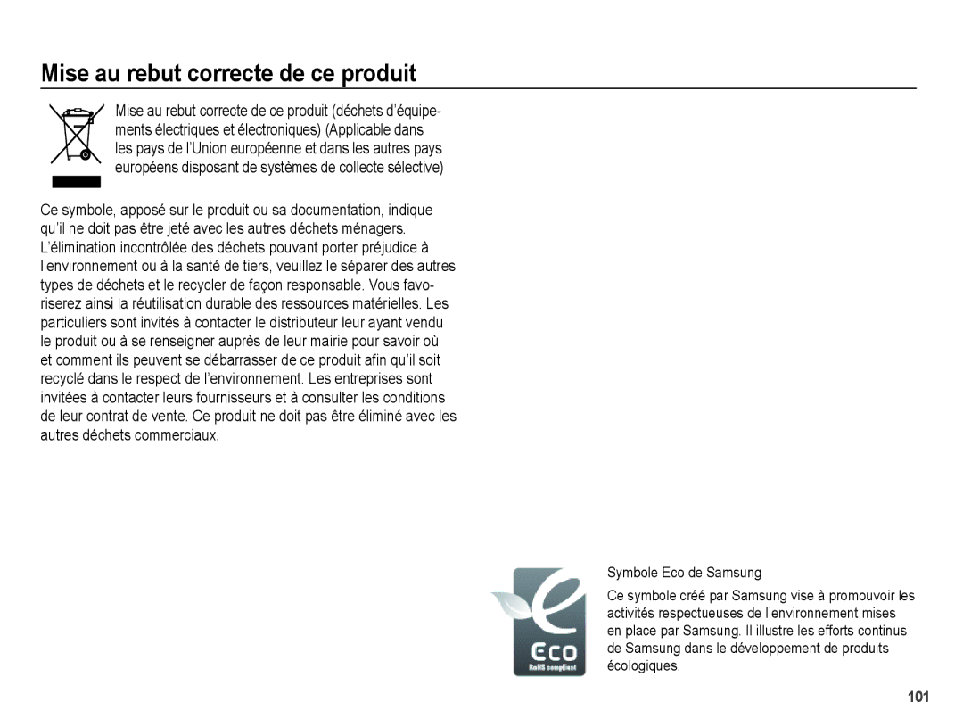 Samsung EC-PL50ZSBP/FR, EC-PL50ZPBP/FR, EC-PL50ZABP/FR, EC-PL50ZBBP/FR, EC-PL50ZSBP/GB Mise au rebut correcte de ce produit 