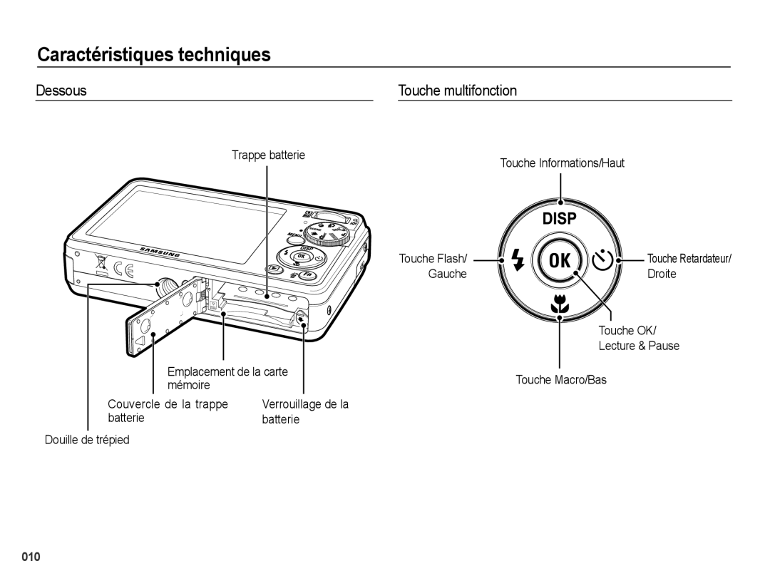 Samsung EC-PL50ZABP/FR, EC-PL50ZPBP/FR, EC-PL50ZSBP/FR manual Dessous Touche multifonction, Batterie Douille de trépied 