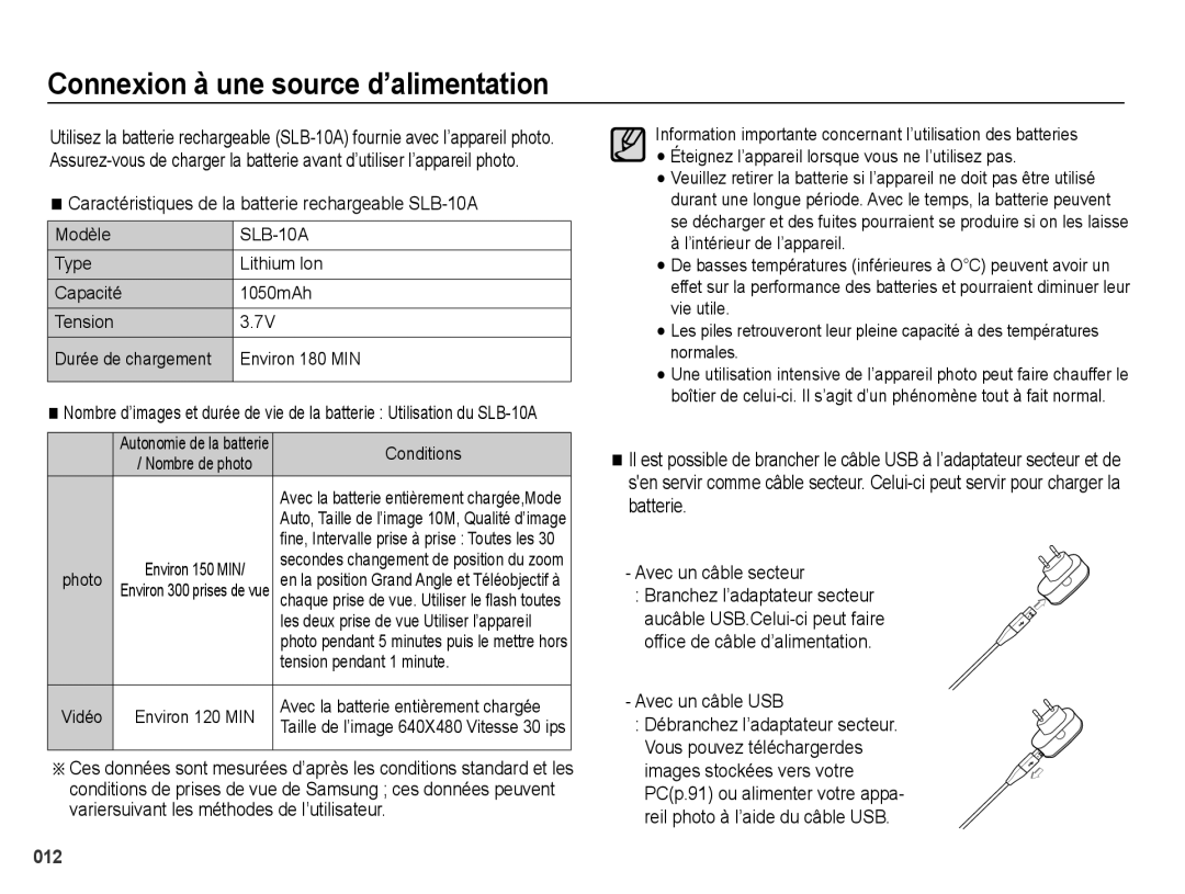 Samsung EC-PL50ZBBP/FR manual Connexion à une source d’alimentation, Caractéristiques de la batterie rechargeable SLB-10A 