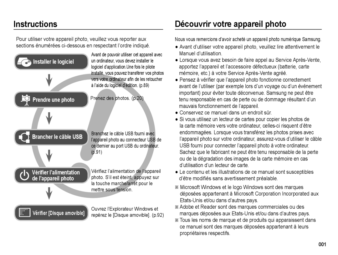 Samsung EC-PL50ZSBP/FR, EC-PL50ZPBP/FR manual Instructions, Découvrir votre appareil photo, Prenez des photos. p.20 